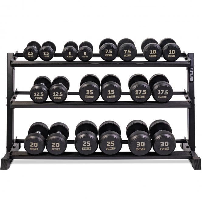 2.5 - 30kg Premium Rubber Dumbbell Set & 3 Tier Rack (10 Pairs)