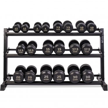 2.5 - 30kg Premium Rubber Dumbbell Set & 3 Tier Rack (10 Pairs)